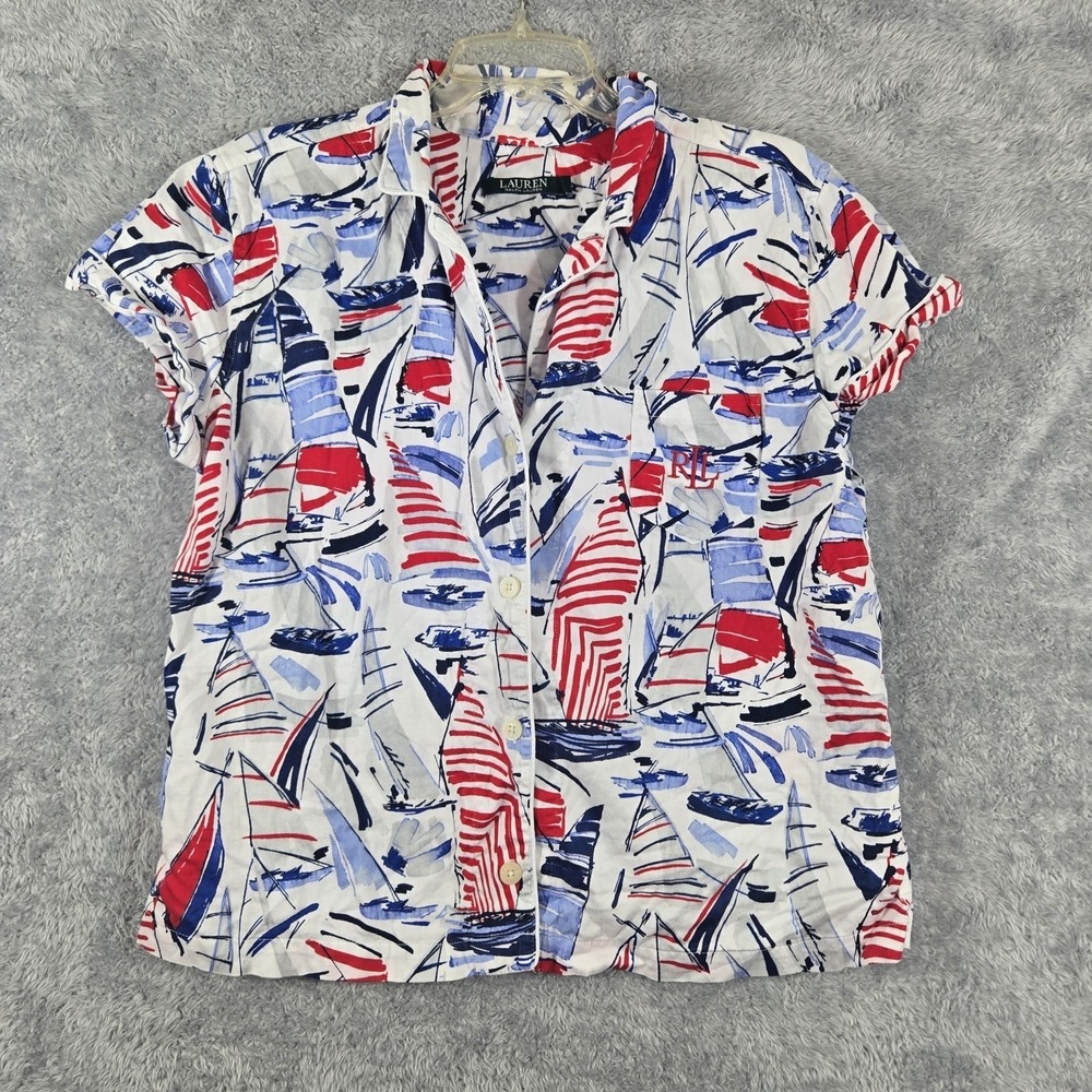 Lauren Ralph Lauren Pajama Top Womens Large Red White Blue Sailboat Cotton Shirt